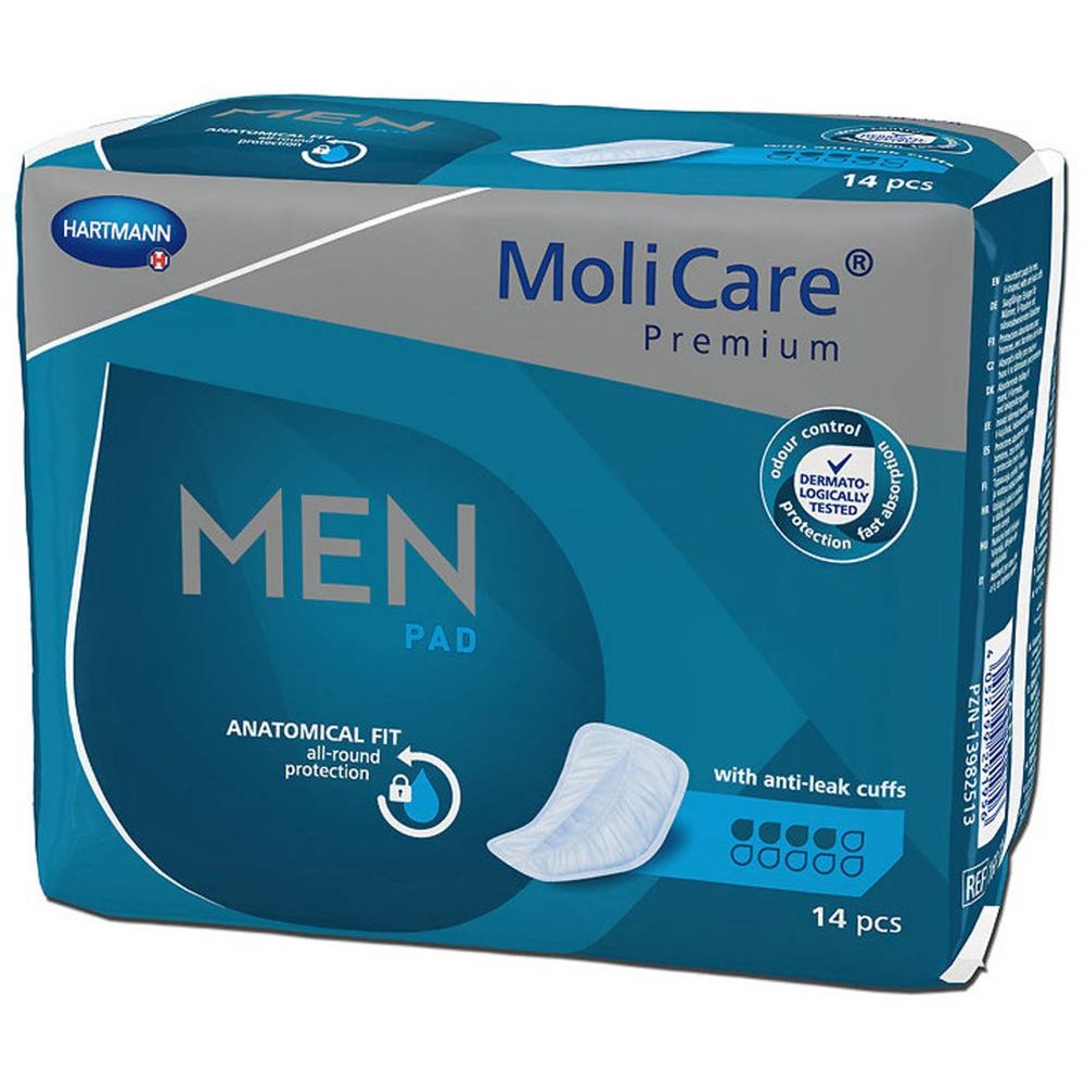 Verpakking MoliCare® Premium MEN Pad. Anatomische pasvorm, allround bescherming. 14 stuks. Met anti-lek-manchetten.