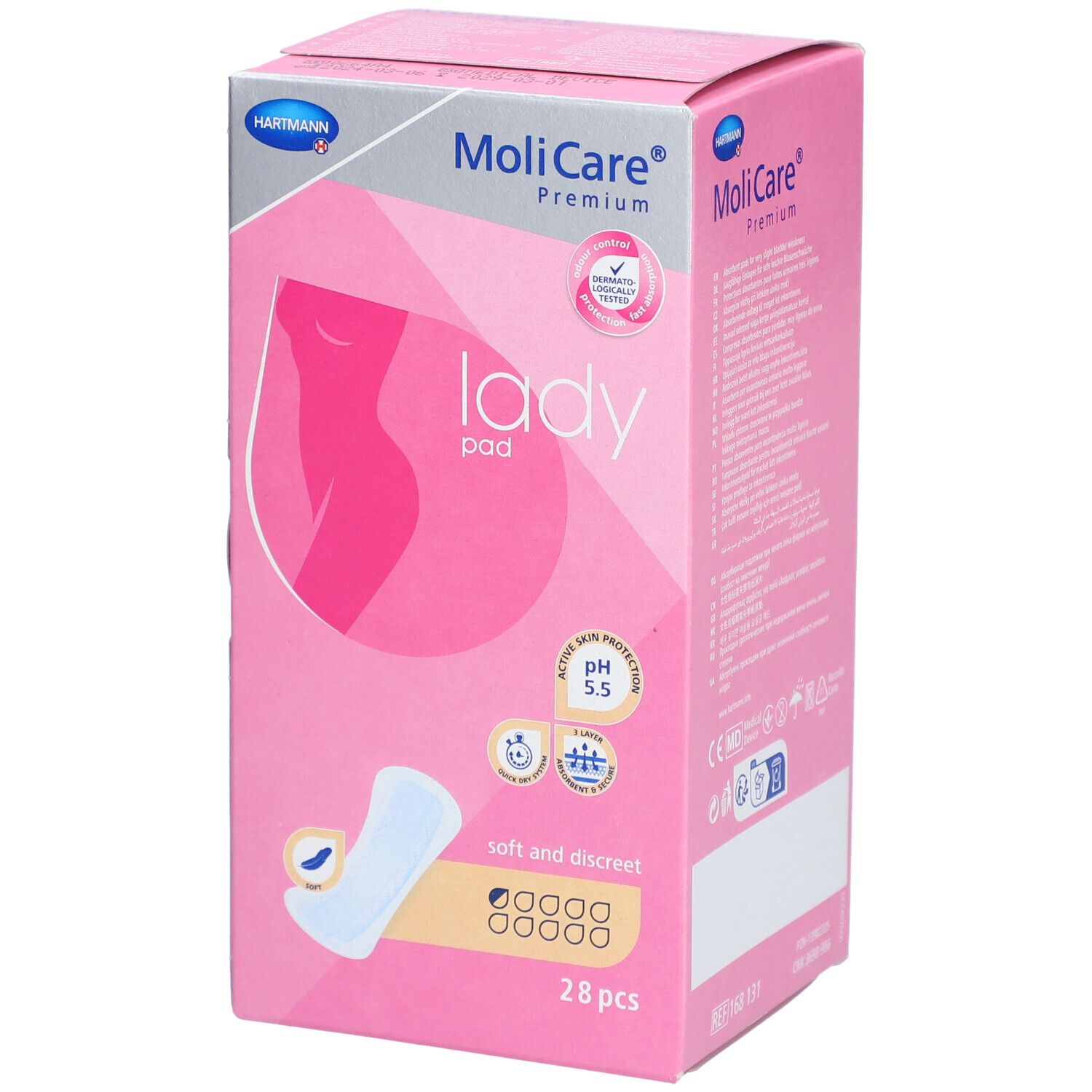 Roze doos MoliCare Premium Lady Pad. Bevat 28 stuks. Opschriften: Hartmann, pH 5,5, zacht en discreet.