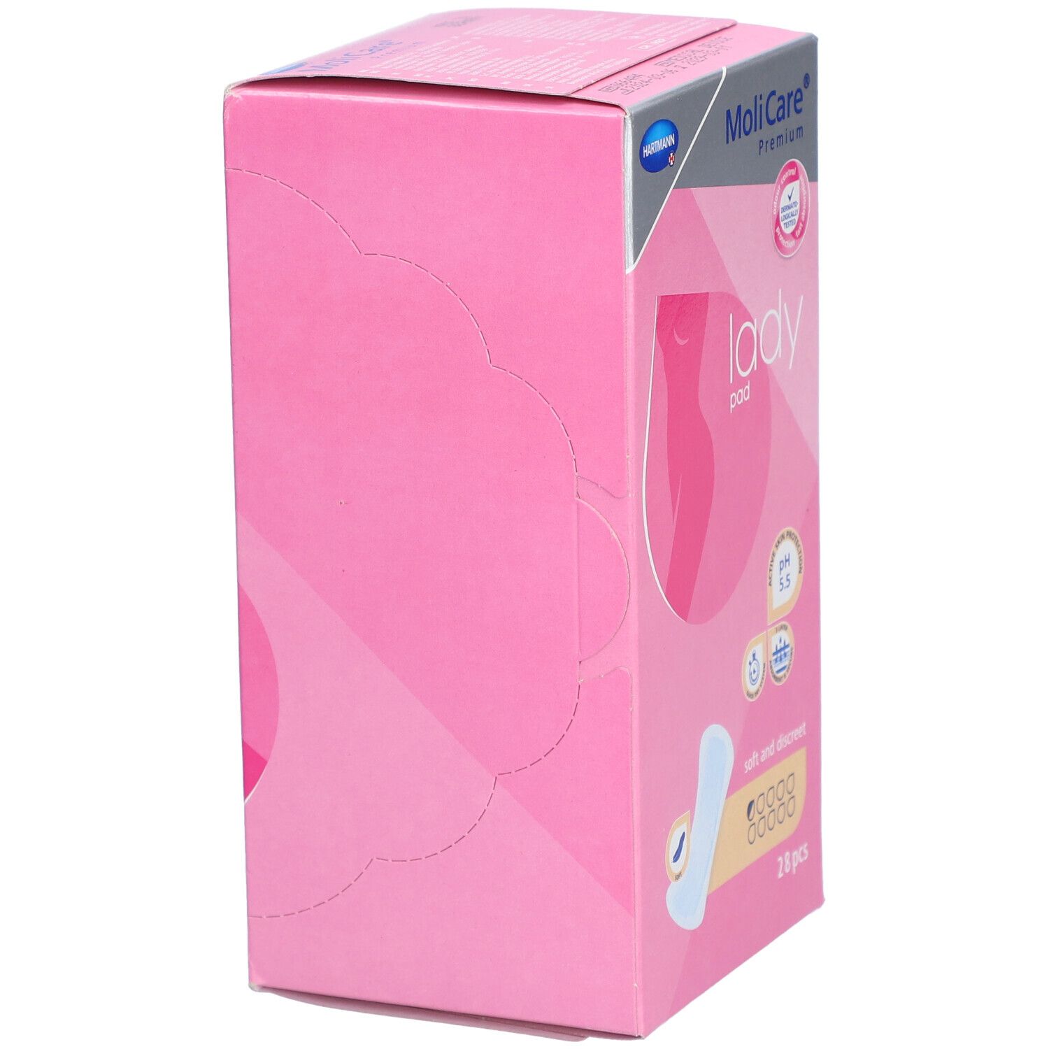 Roze doos MoliCare Premium Lady Pad, zijaanzicht. Opschriften: Hartmann, Lady Pad, 28 stuks.