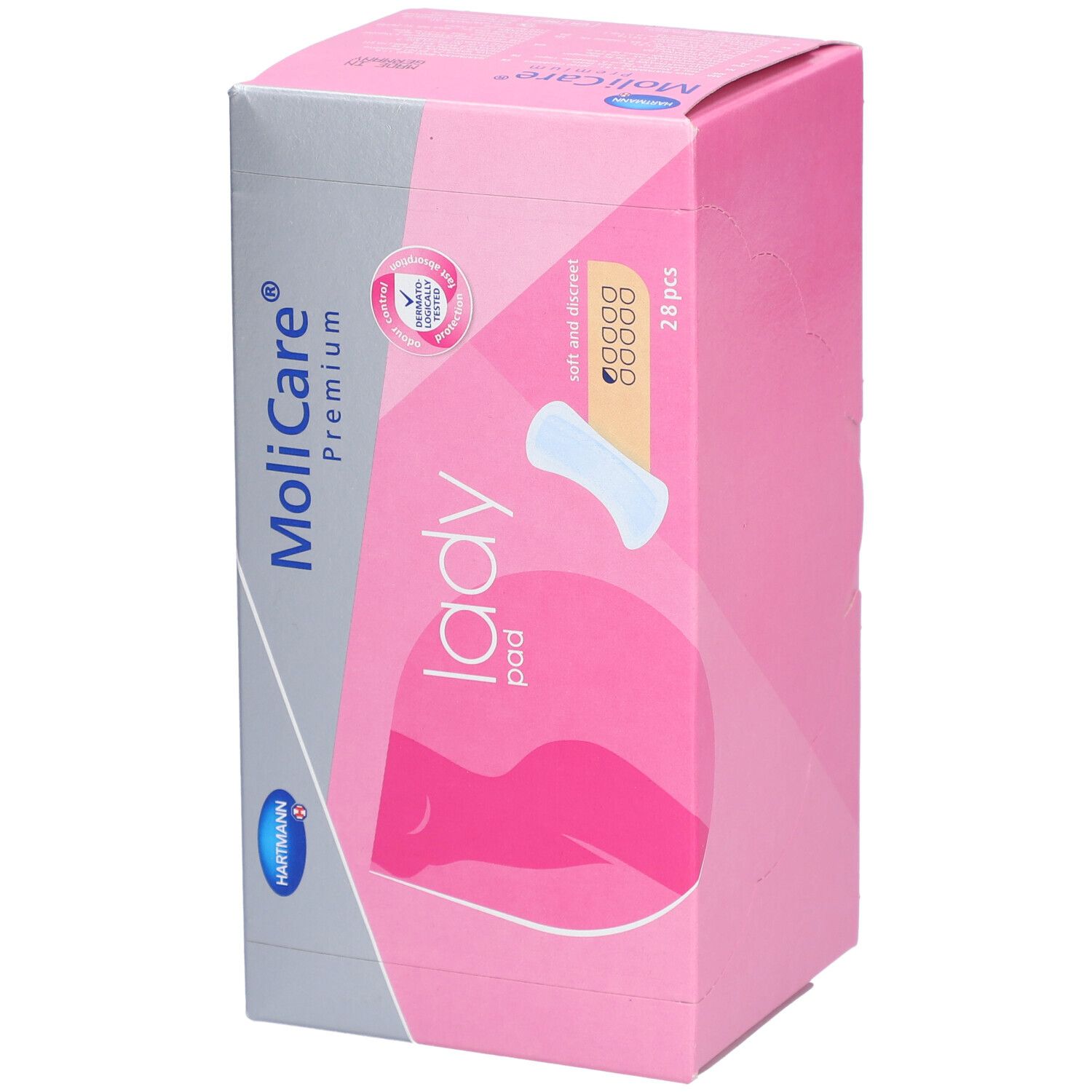 Roze doos MoliCare Premium Lady Pad. Opschriften: Hartmann, Lady Pad, 28 stuks, zacht en discreet.