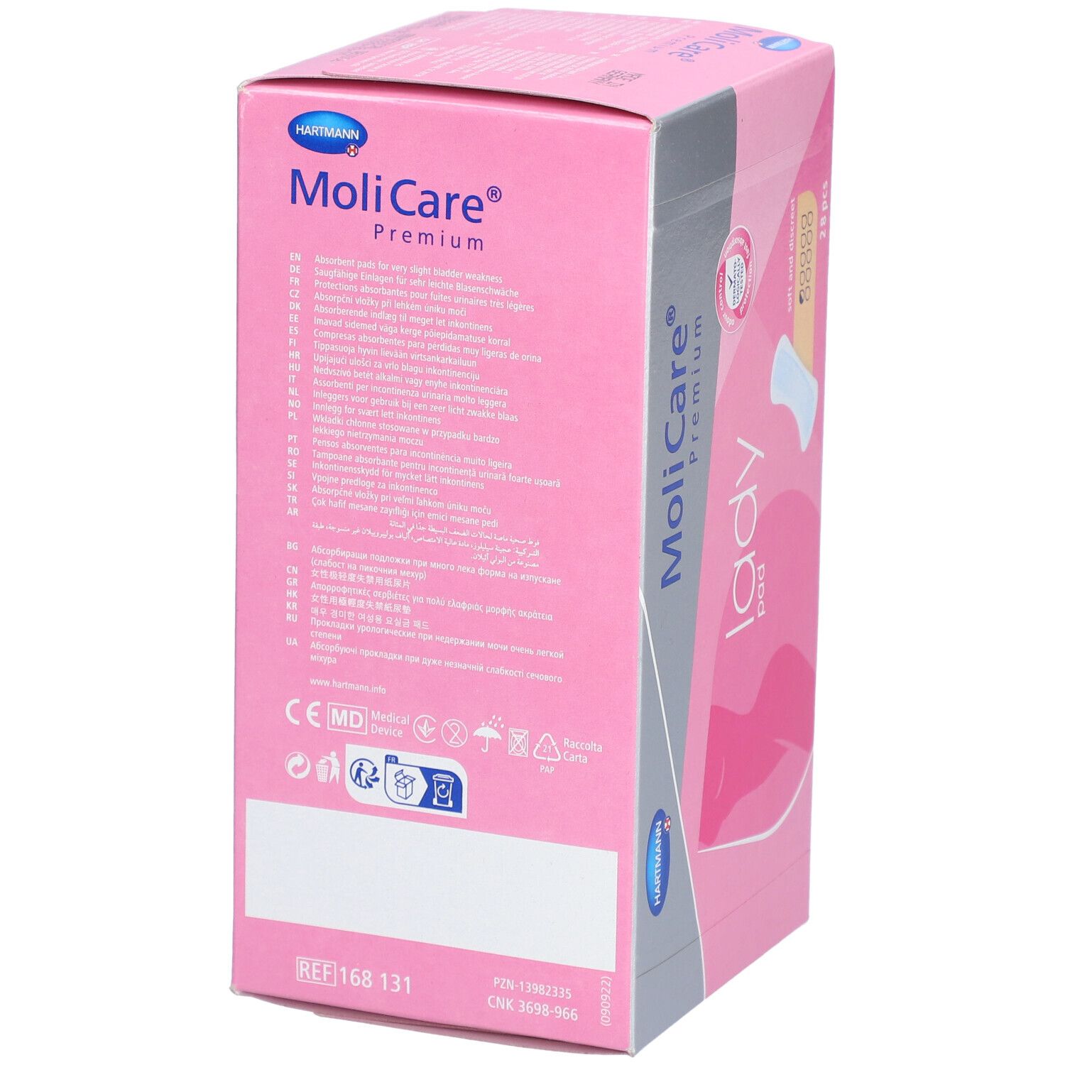 Achterkant van de roze doos MoliCare Premium Lady Pad. Meertalige tekst, CE-markering.