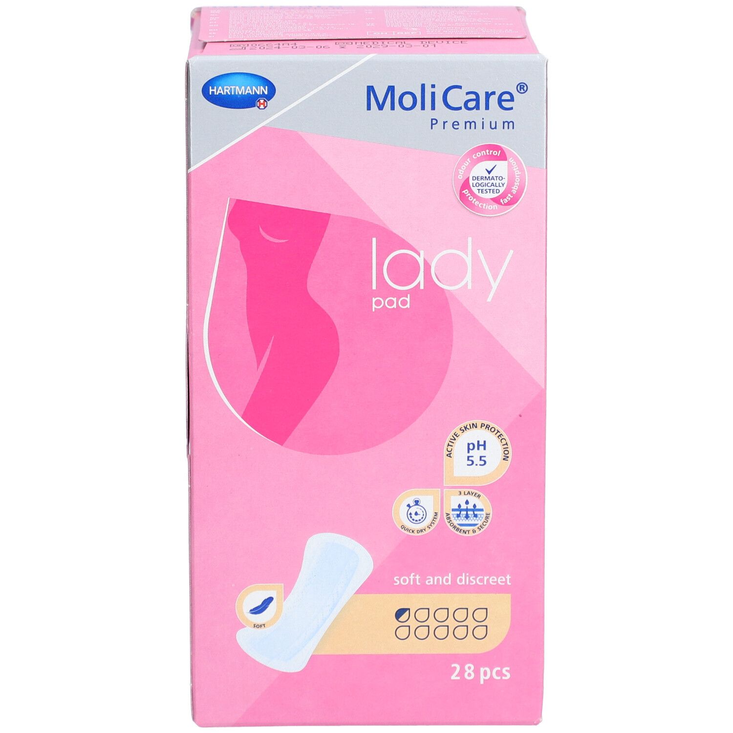 Roze doos MoliCare Premium Lady Pad. Opschriften: Hartmann, Lady Pad, pH 5,5, 28 stuks, zacht en discreet.