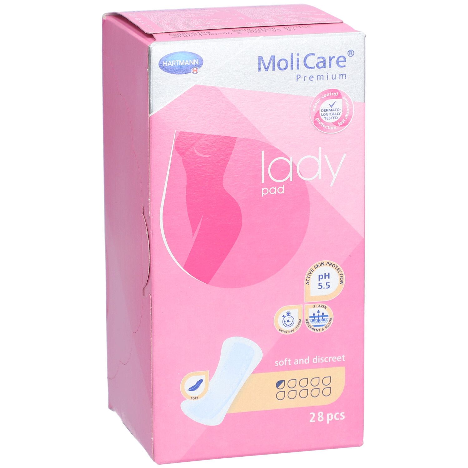 Roze doos MoliCare Premium Lady Pad. Opschriften: Hartmann, Lady Pad, pH 5,5, 28 stuks, zacht en discreet.