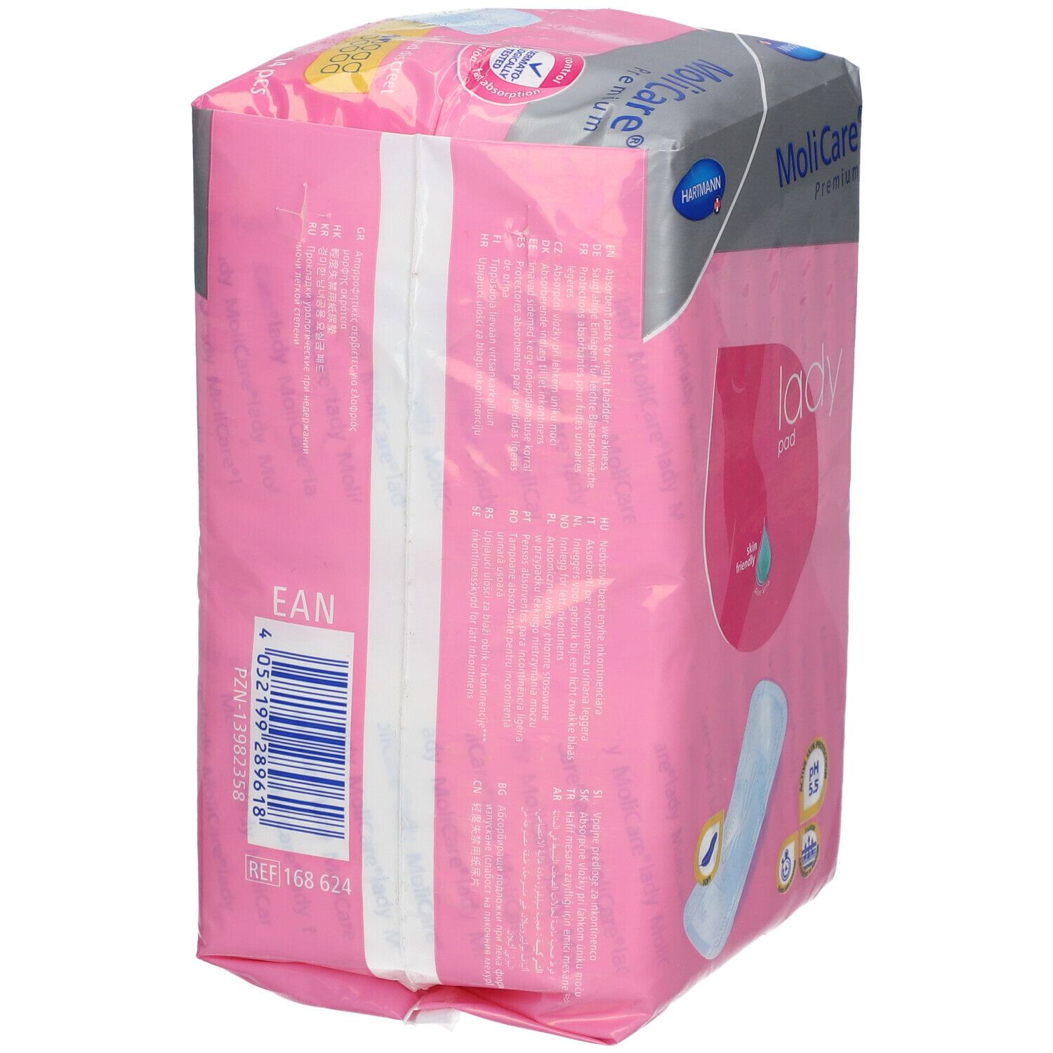 Dos du paquet de MoliCare Premium Lady Pad. Emballage rose avec texte et code-barres. Contient 12 pièces.
