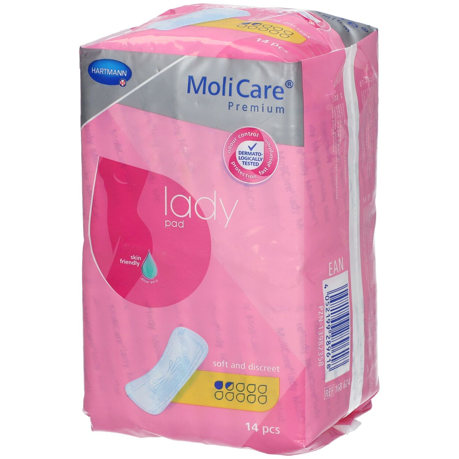Paquet de MoliCare Premium Lady Pad. Emballage rose avec image du produit et logo. Contient 14 pièces.
