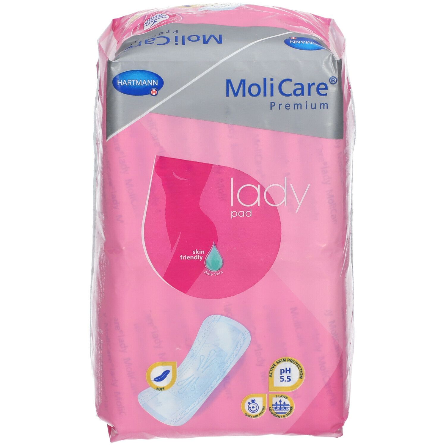 Paquet de MoliCare Premium Lady Pad. Emballage rose avec image du produit et logo. pH 5.5.