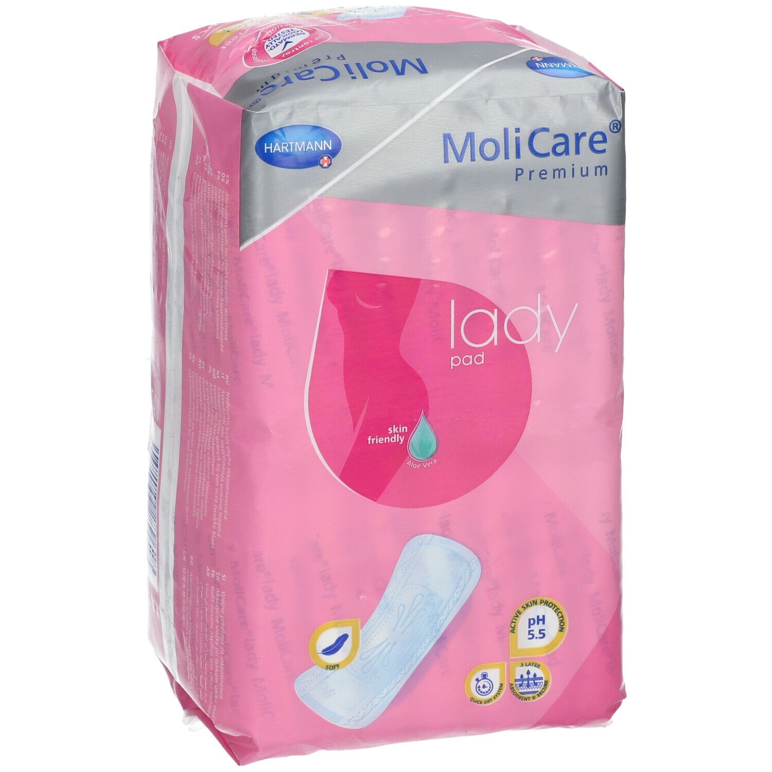 Paquet de MoliCare Premium Lady Pad. Emballage rose avec image du produit et logo. pH 5.5.