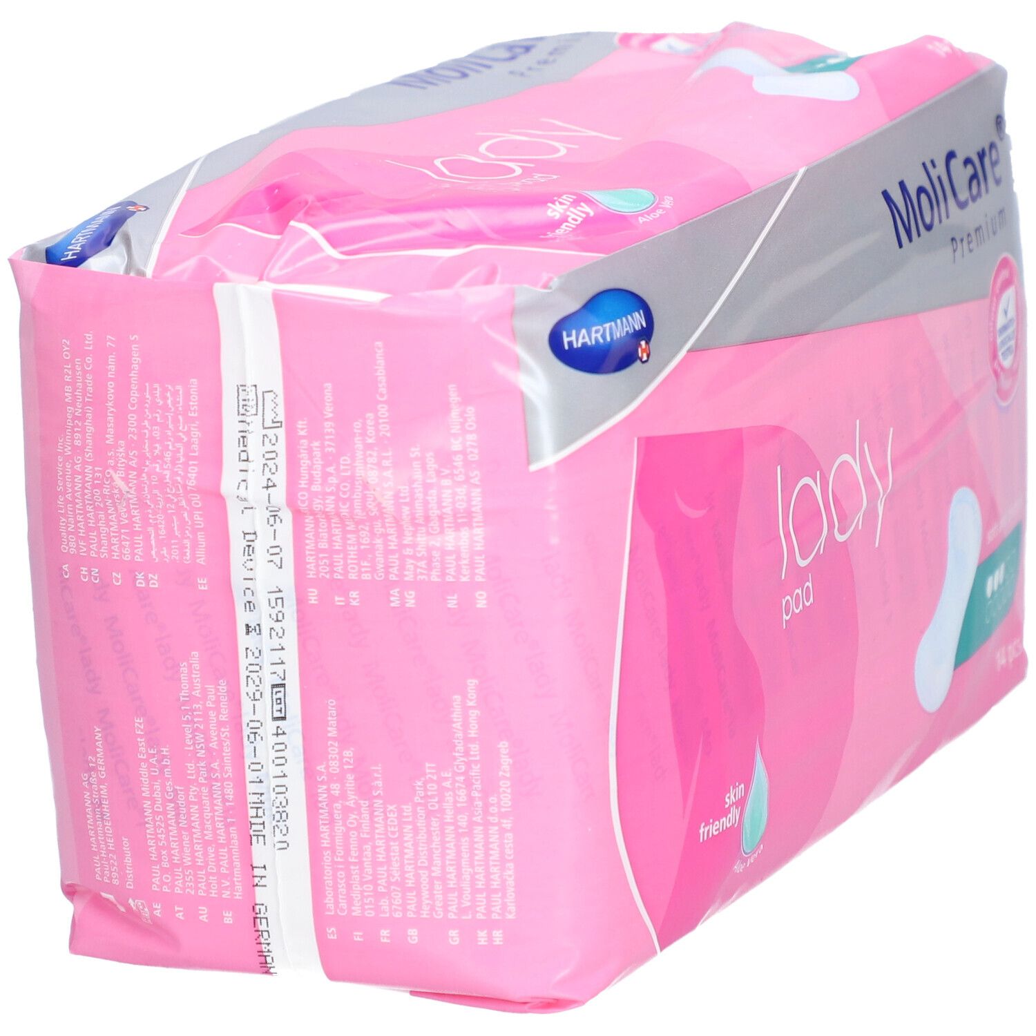 MoliCare® Premium lady pad. Emballage rose, vue latérale. Informations produit et date de péremption. Fabriqué en Allemagne.