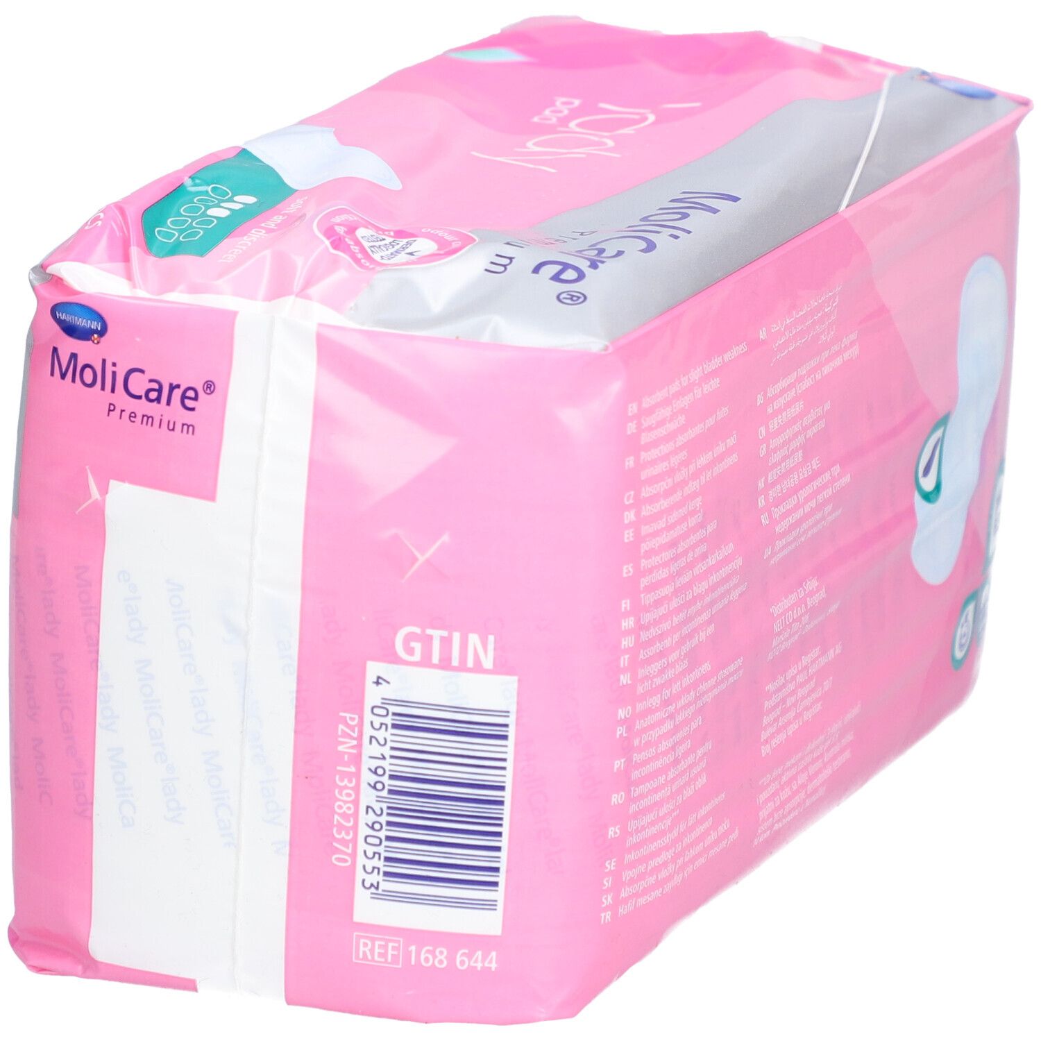MoliCare® Premium lady pad. Emballage rose, vue en biais. Code GTIN et informations produit. REF 168 644.