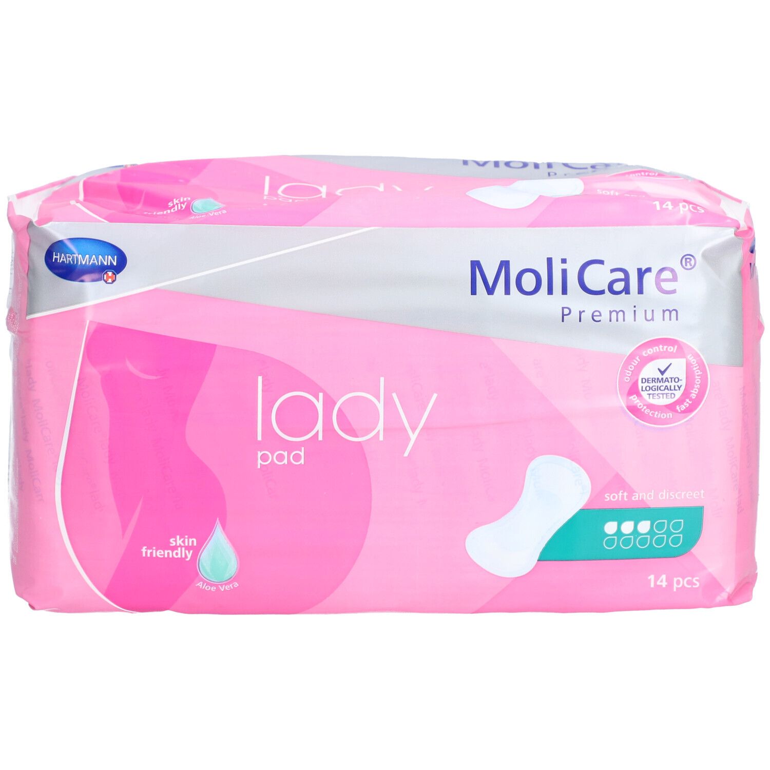 MoliCare® Premium lady pad. Emballage rose. 14 pièces. Doux pour la peau, testé dermatologiquement. Image du produit.