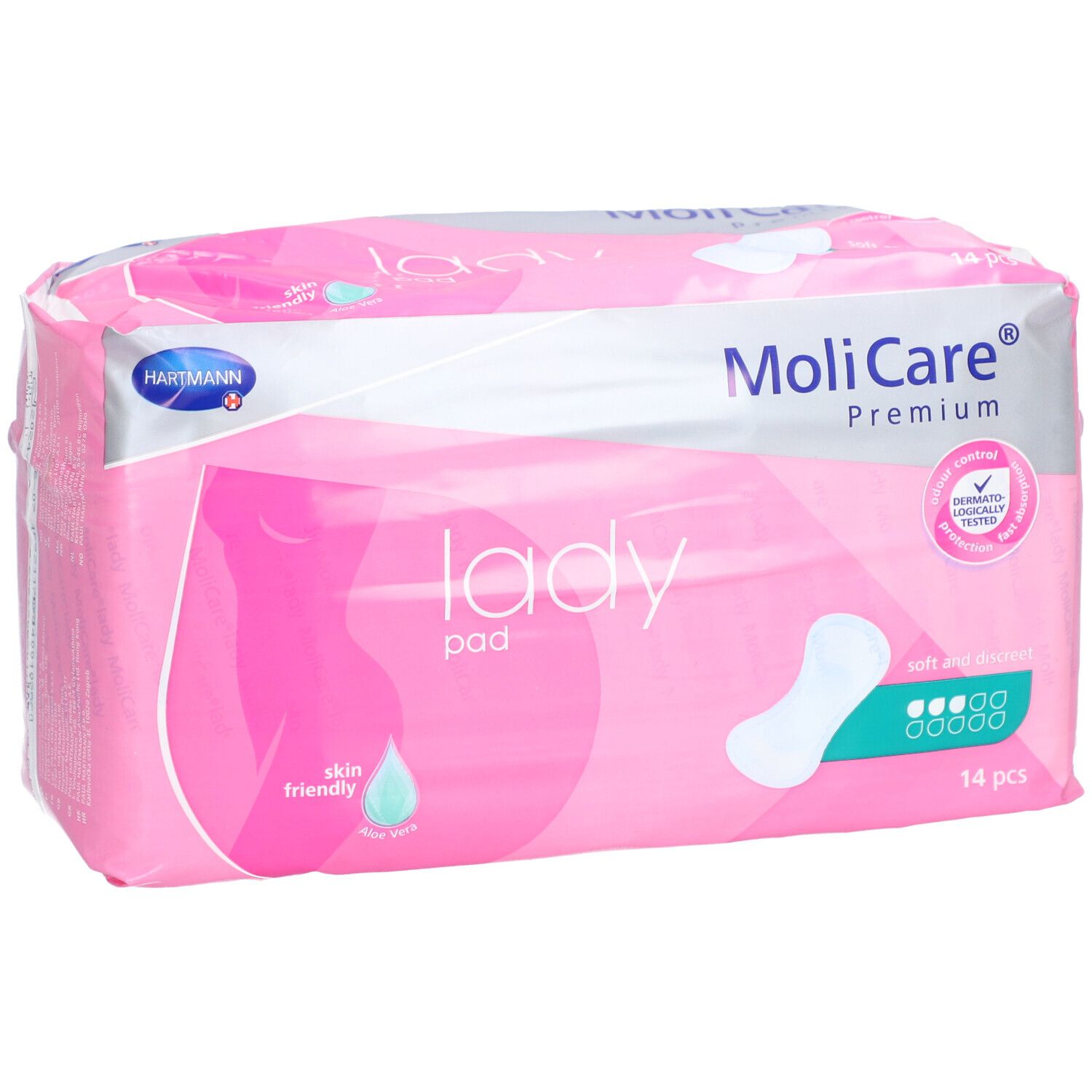 MoliCare® Premium lady pad. Emballage rose. 14 pièces. Doux pour la peau, testé dermatologiquement. Image du produit.