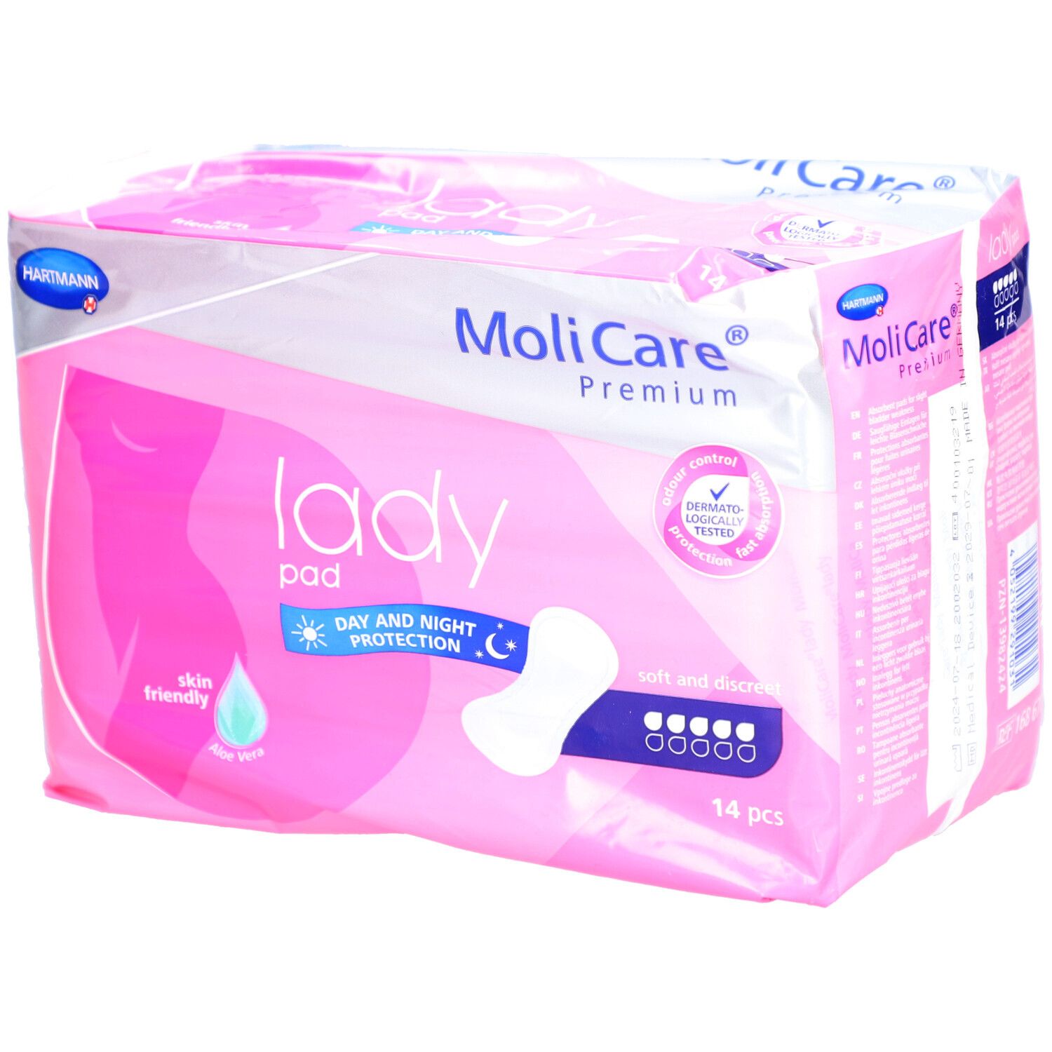Verpakking van MoliCare® Premium lady pad. Roze-wit ontwerp met productnaam en logo. 14 stuks.