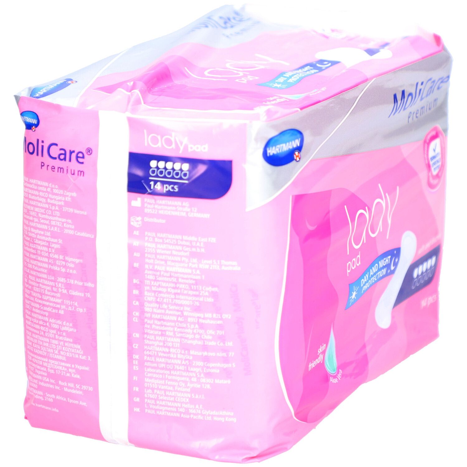 Verpakking van MoliCare® Premium lady pad. Roze-wit ontwerp met productnaam en logo. 14 stuks.