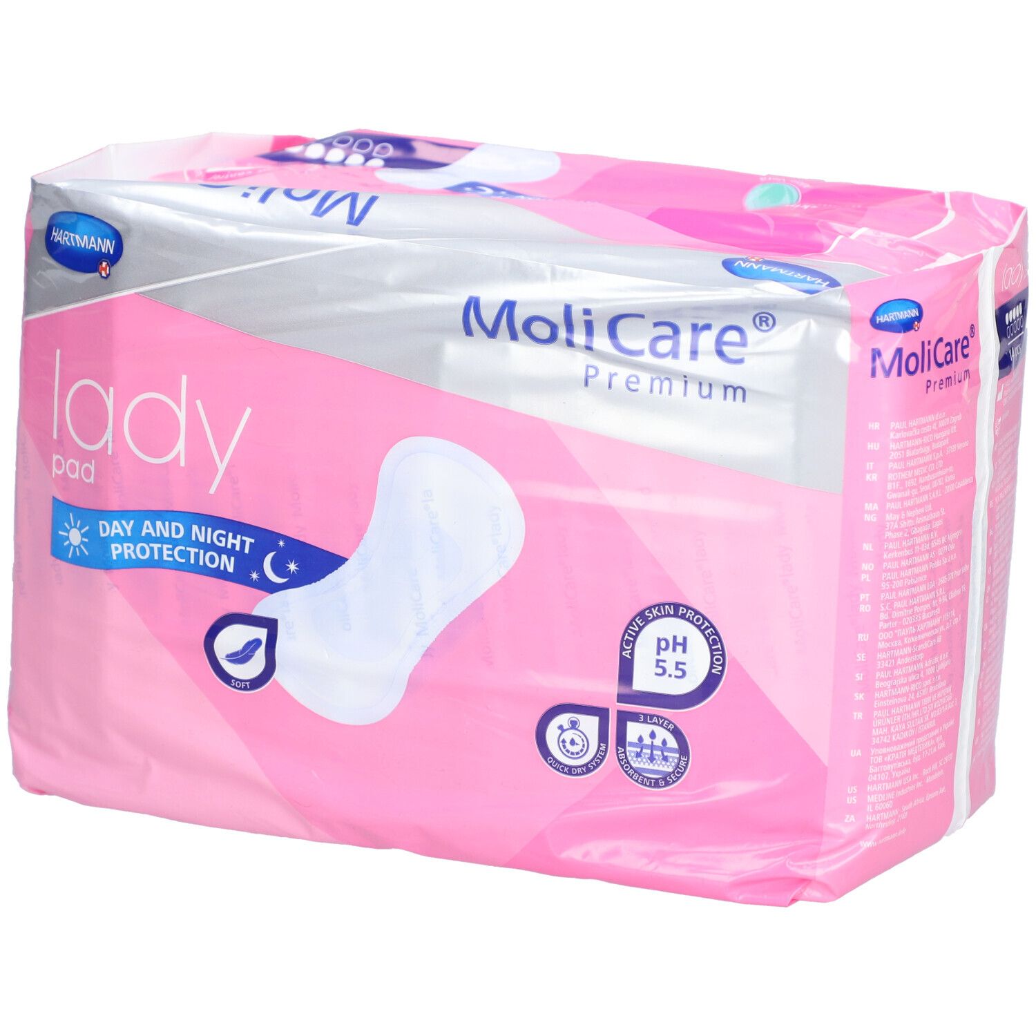 Verpakking van MoliCare® Premium lady pad. Roze-wit ontwerp met productnaam en logo. 14 stuks.