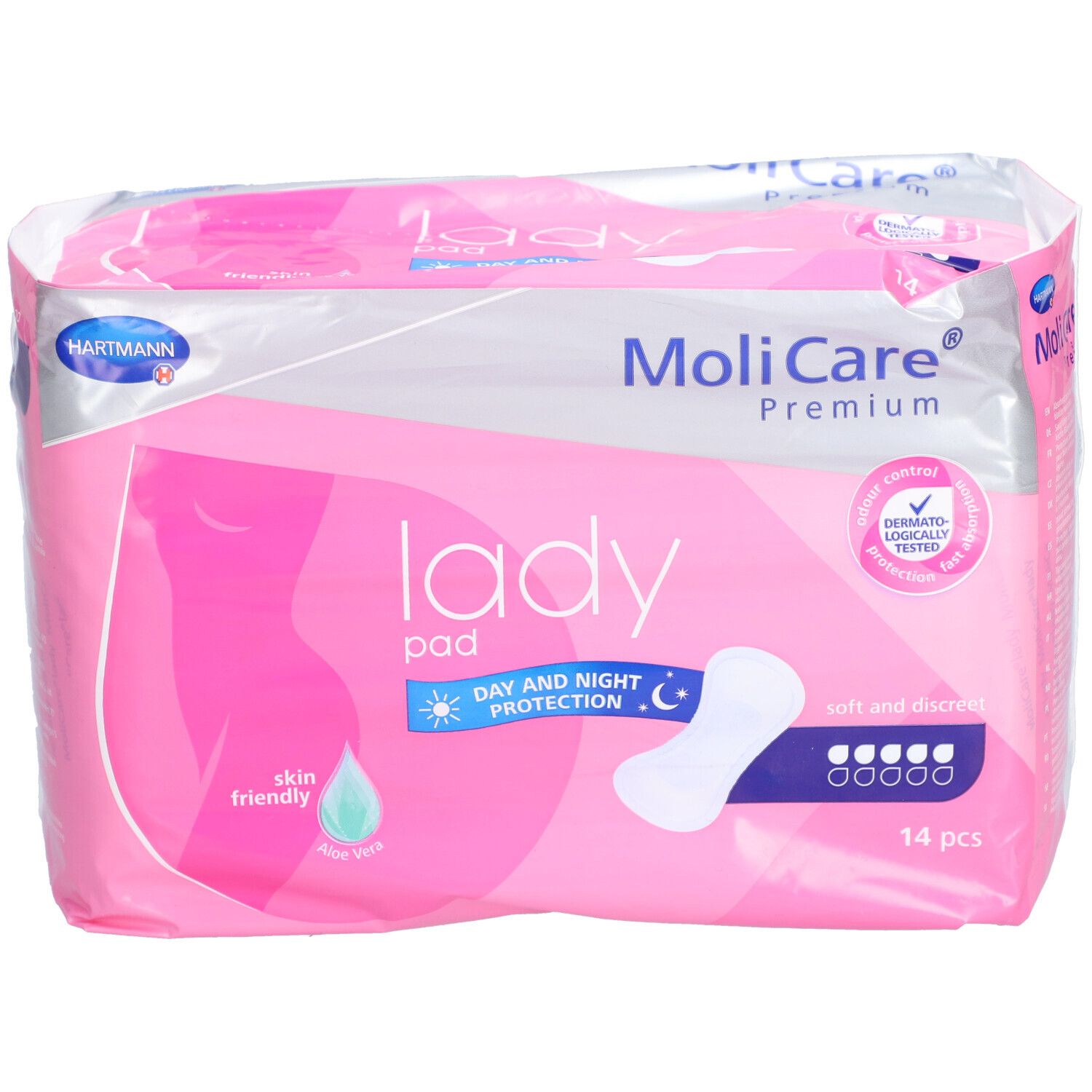 Verpakking van MoliCare® Premium lady pad. Roze-wit ontwerp met productnaam en logo. 14 stuks.