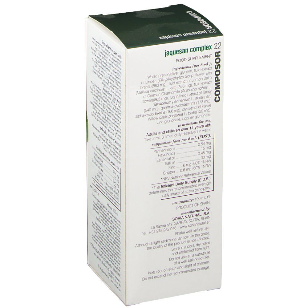 Karton mit Produktinformationen. Aufschrift: Composor 22 Jaquesan Complex. Enthält Inhaltsstoffe und Dosierung.