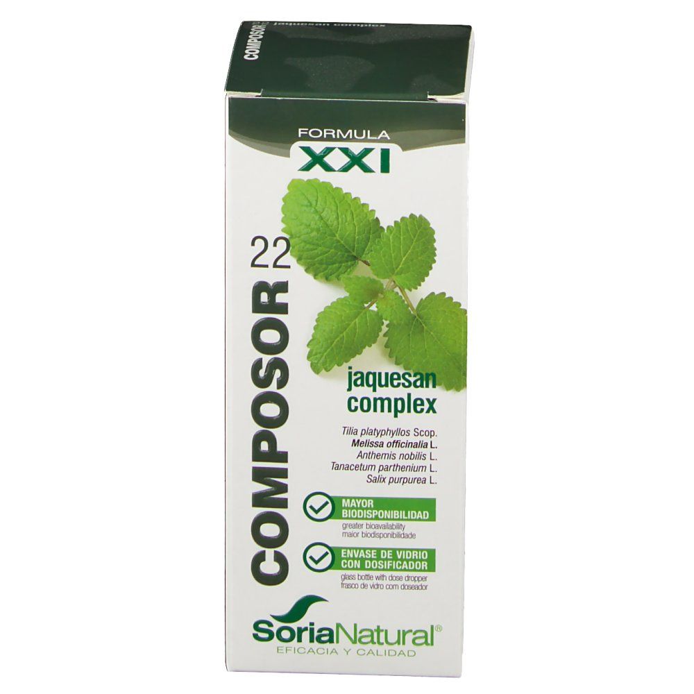 Karton mit Produktinformationen. Aufschrift: Composor 22 Jaquesan Complex. Marke: SoriaNatural.