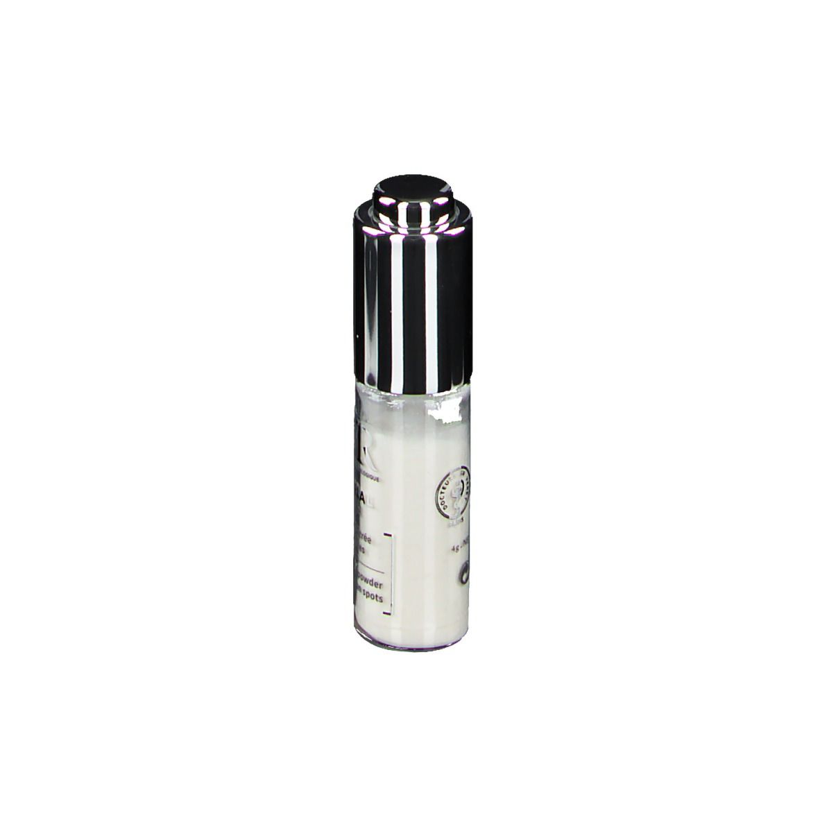 Petite bouteille cylindrique à bouchon argenté. Inscription: SVR, CLAIRIAL CIBLE. Poudre concentrée pour taches brunes localisées.