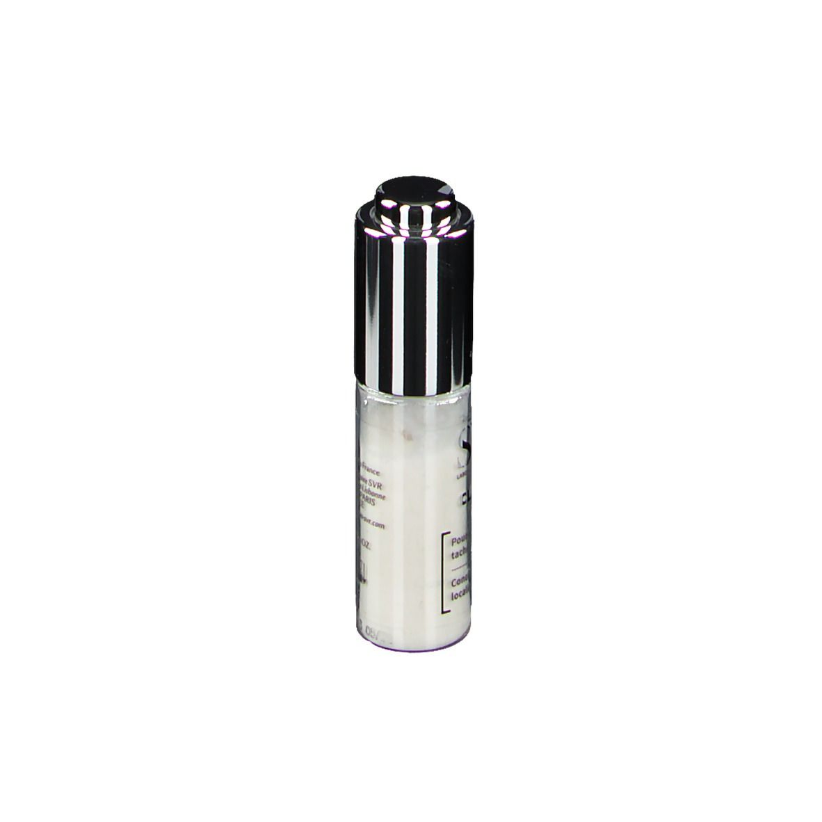 Petite bouteille cylindrique à bouchon argenté. Inscription: SVR, CLAIRIAL CIBLE. Poudre concentrée pour taches brunes localisées.