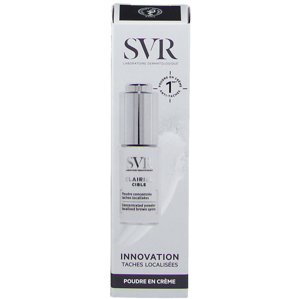 Emballage produit. Boîte blanche avec image du produit et inscription: SVR, CLAIRIAL CIBLE. Innovation Taches Localisées. Poudre en crème.