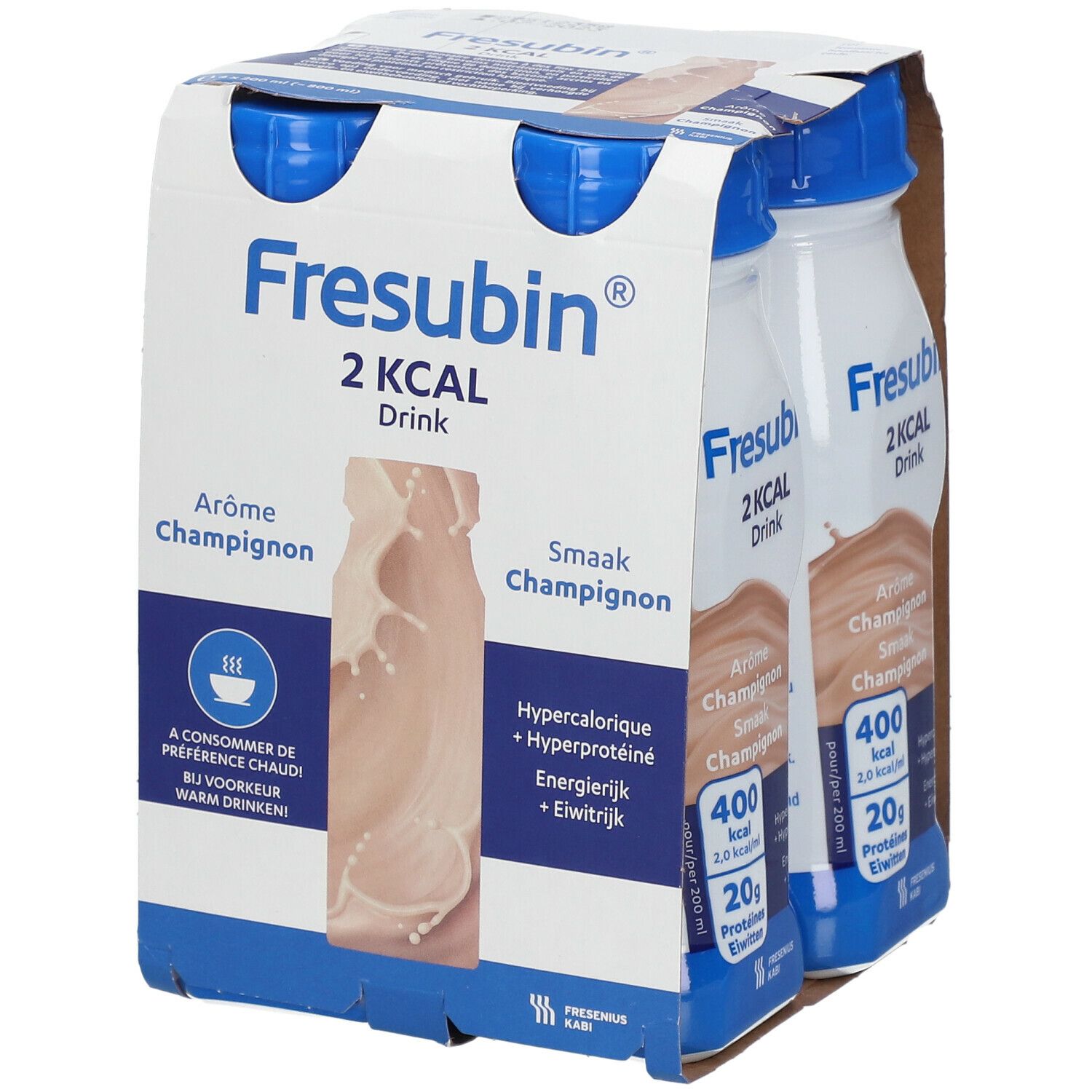 Emballage de quatre bouteilles Fresubin 2 Kcal Drink Champignon. Bouchons bleus, bouteilles blanches avec boisson brune.