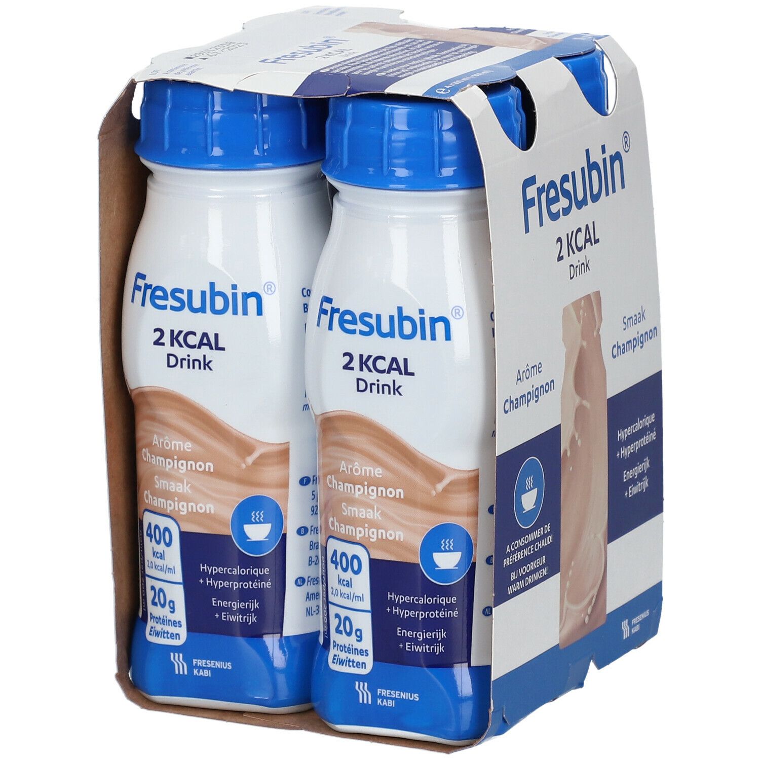 Emballage de quatre bouteilles Fresubin 2 Kcal Drink Champignon. Bouchons bleus, bouteilles blanches avec boisson brune.