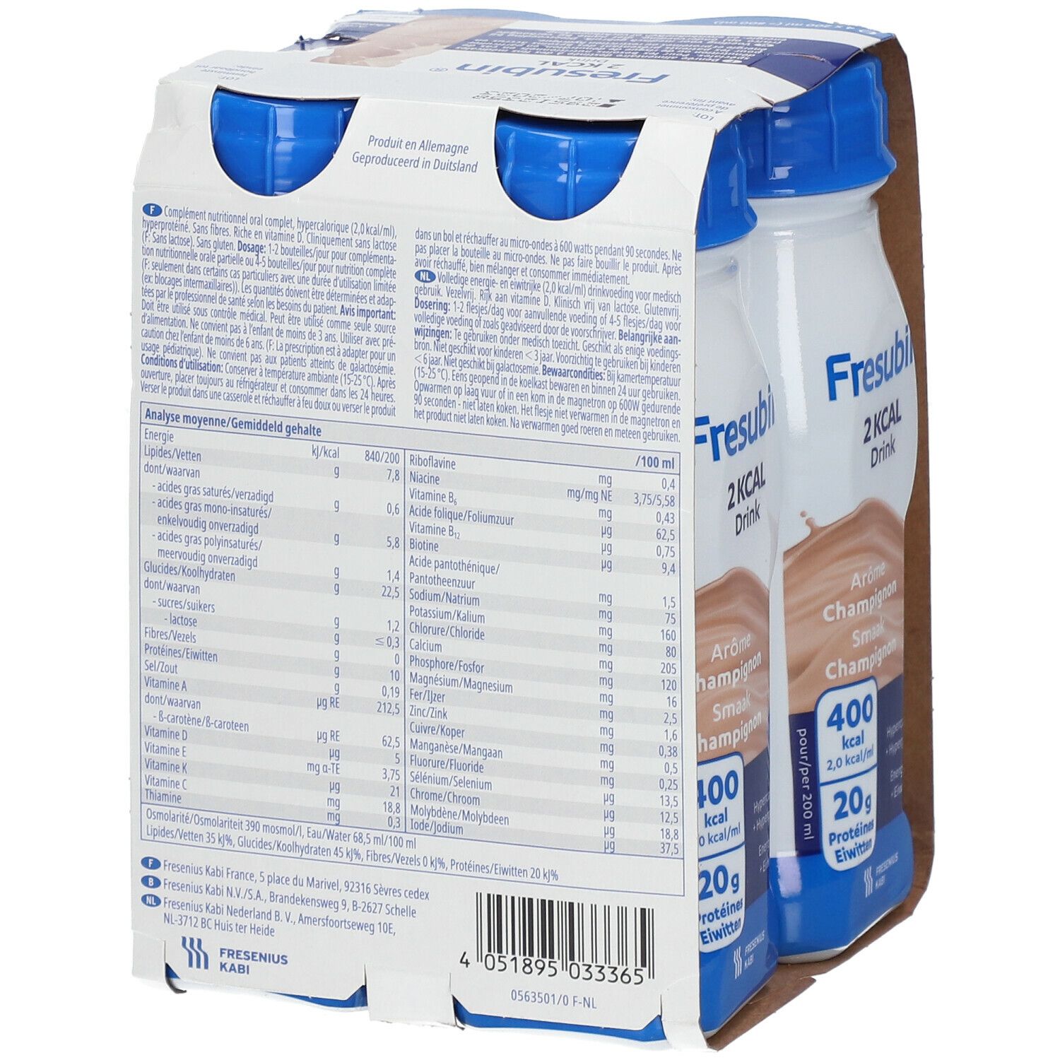 Dos de l'emballage Fresubin 2 Kcal Drink Champignon. Contient des informations nutritionnelles et du fabricant.