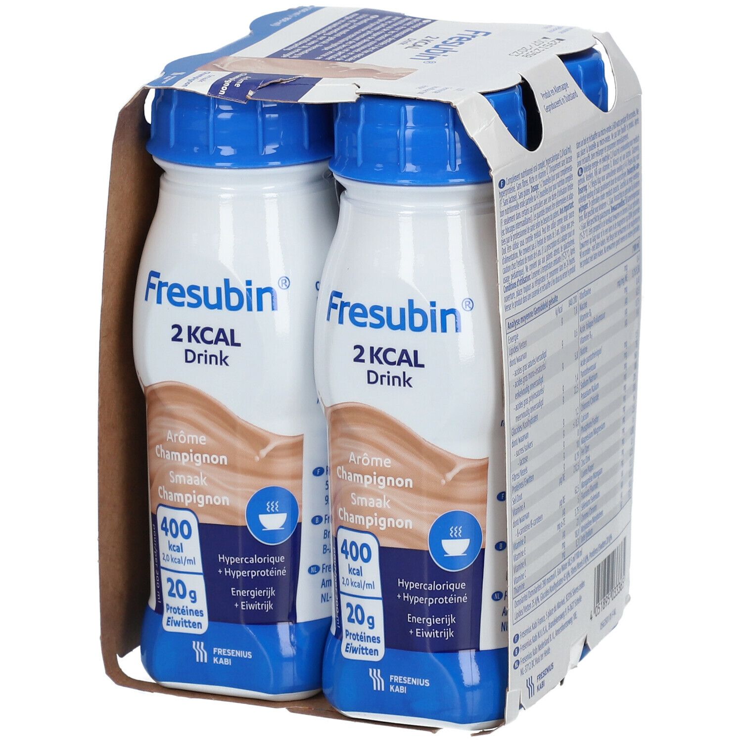 Emballage de quatre bouteilles Fresubin 2 Kcal Drink Champignon. Bouchons bleus, bouteilles blanches avec boisson brune.