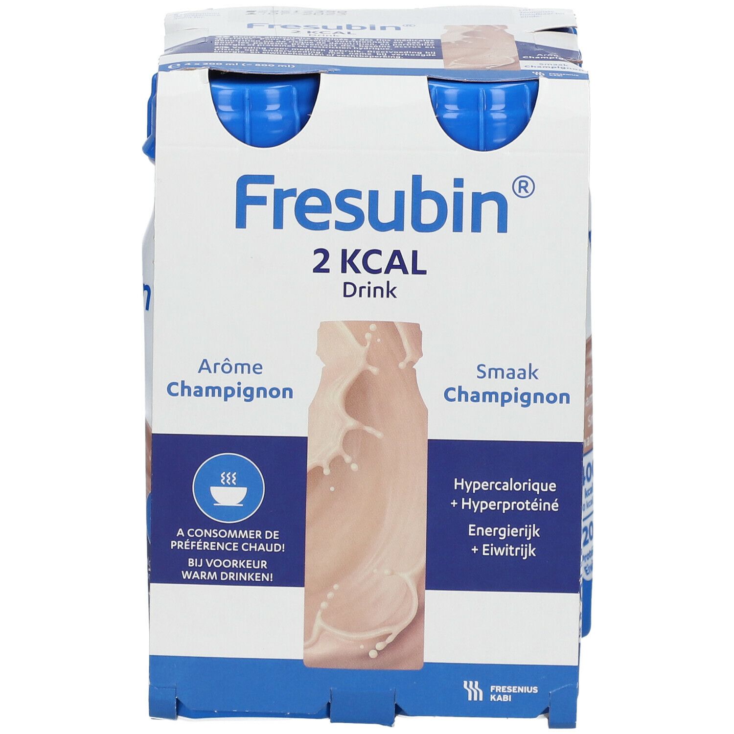 Emballage de quatre bouteilles Fresubin 2 Kcal Drink Champignon. Bouchons bleus, bouteilles blanches avec boisson brune.