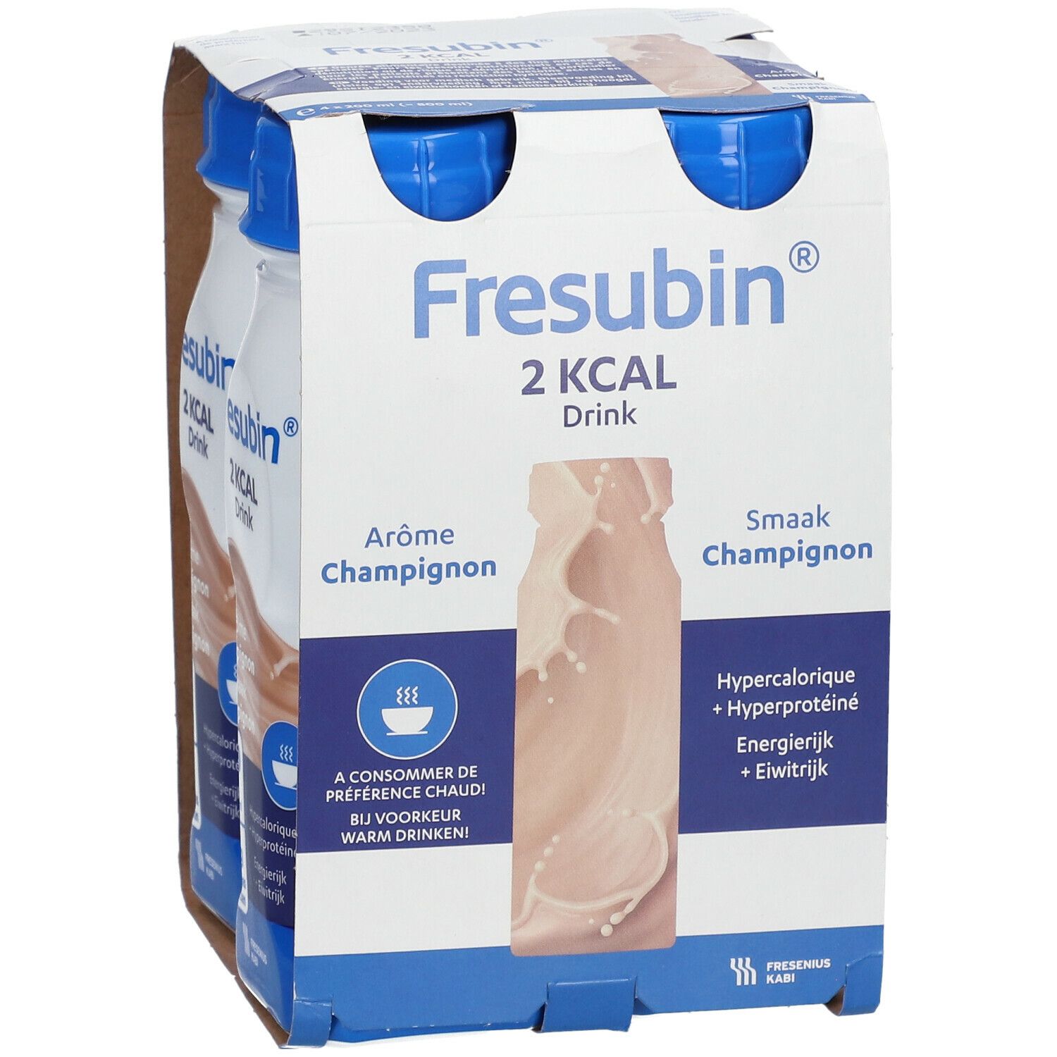 Emballage de quatre bouteilles Fresubin 2 Kcal Drink Champignon. Bouchons bleus, bouteilles blanches avec boisson brune.