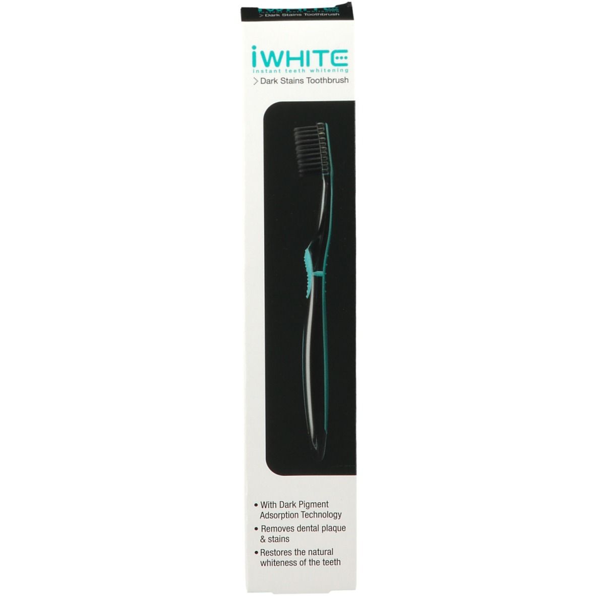 Brosse à dents iWhite Dark Stains dans son emballage. Tête noire, manche turquoise. Texte: Dark Stains Toothbrush.