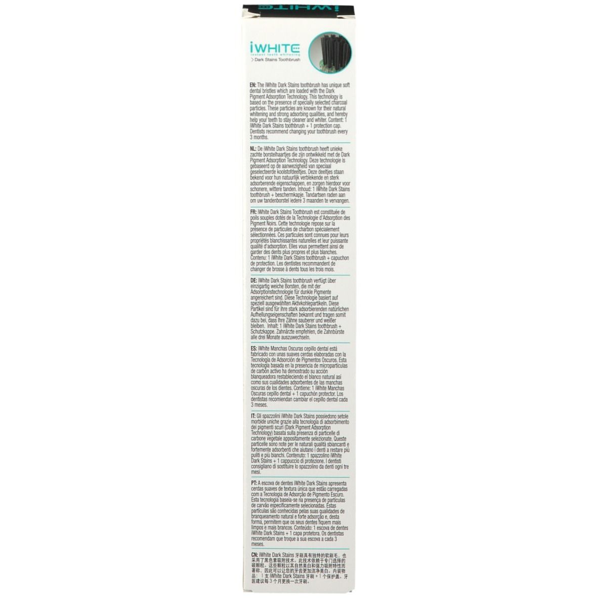 Emballage de la brosse à dents iWhite Dark Stains. Texte: informations sur la brosse à dents, l'utilisation et les ingrédients. Multilingue.
