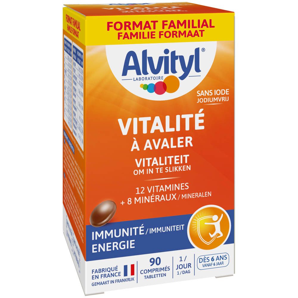 Boîte Alvityl Vitalité. Contient 12 vitamines et 8 minéraux. Pour enfants dès 6 ans.