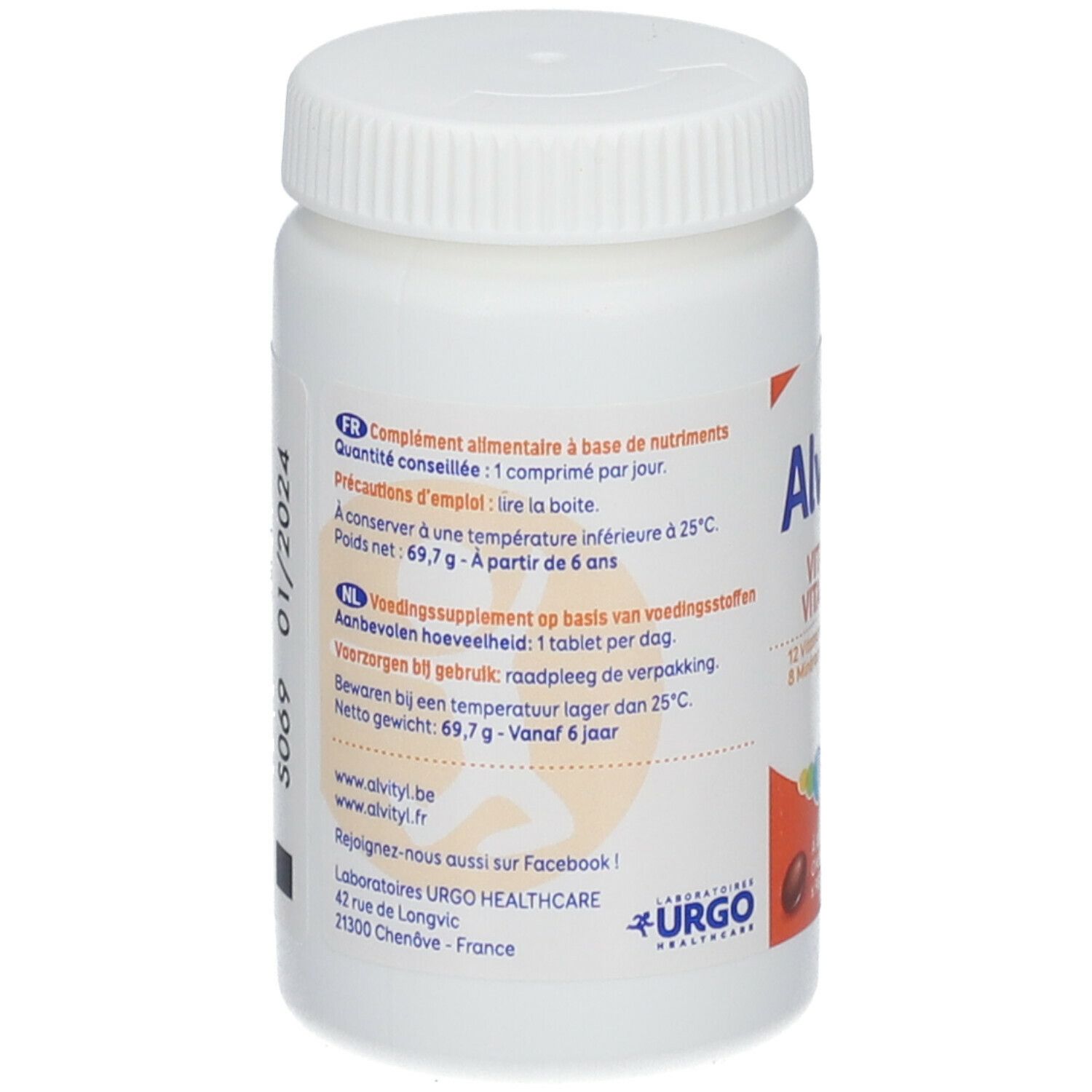 Dos du flacon Alvityl Vitalité. Informations sur les ingrédients et l'utilisation.
