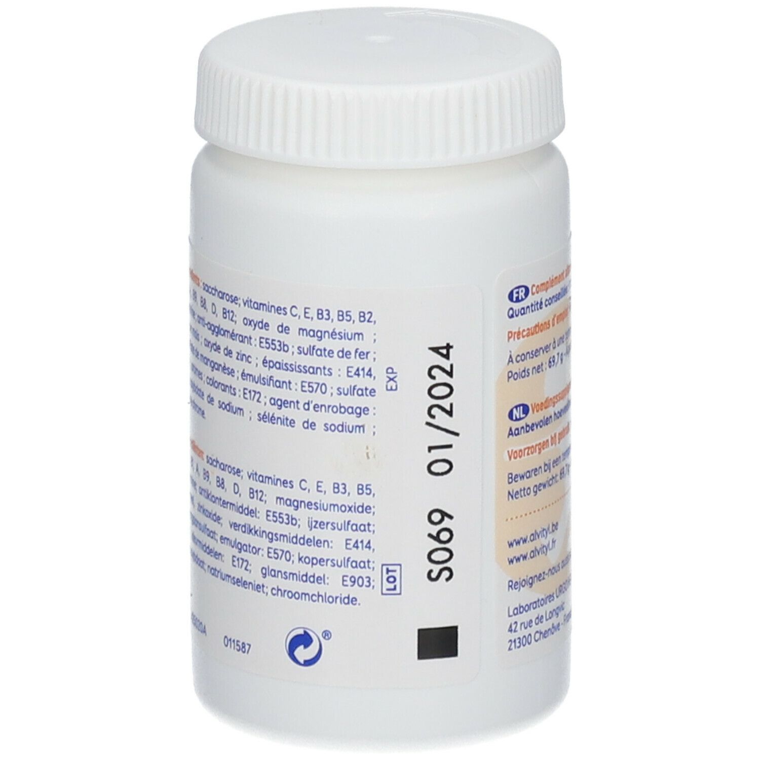 Dos du flacon Alvityl Vitalité. Liste des ingrédients et valeurs nutritionnelles.