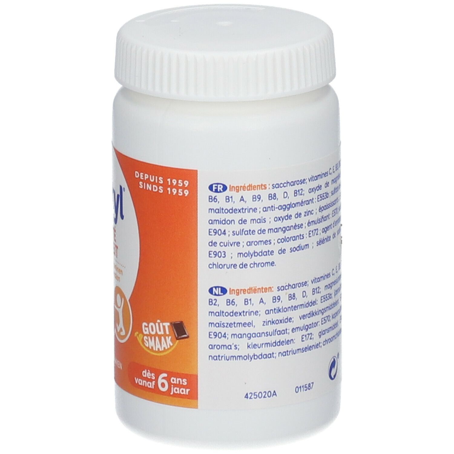 Dos du flacon Alvityl Vitalité. Liste des ingrédients et valeurs nutritionnelles.