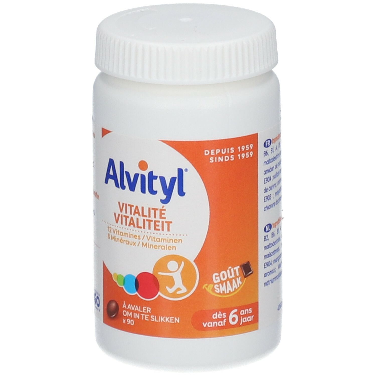 Flacon blanc Alvityl Vitalité. Contient 12 vitamines et 8 minéraux. Pour enfants dès 6 ans.