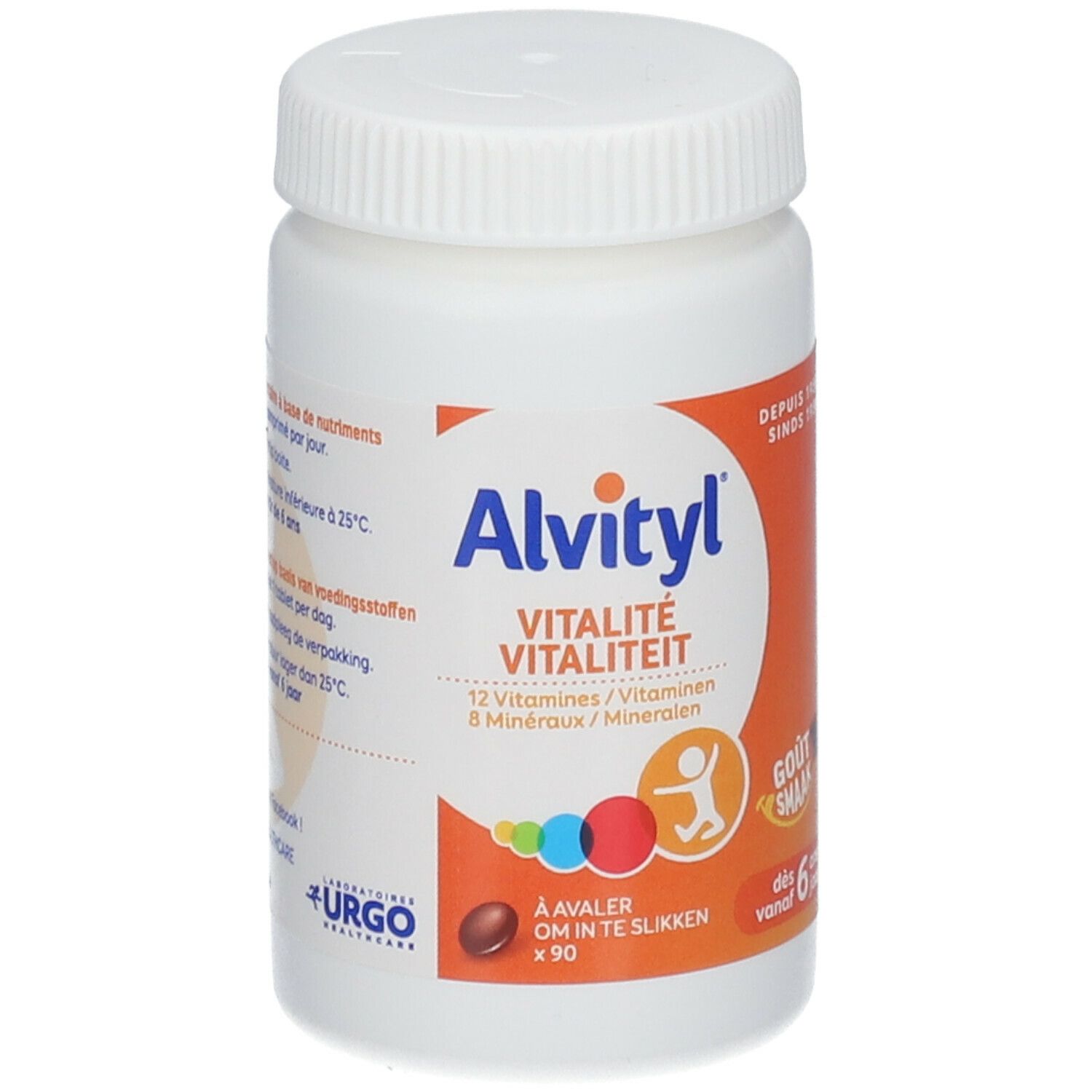 Flacon blanc Alvityl Vitalité. Contient 12 vitamines et 8 minéraux. Pour enfants dès 6 ans.