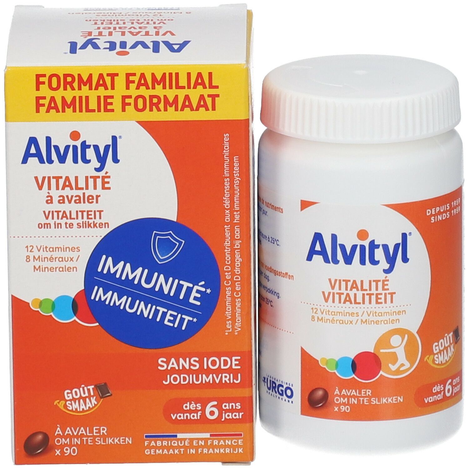 Boîte et flacon Alvityl Vitalité. Contient 12 vitamines et 8 minéraux. Pour enfants dès 6 ans.
