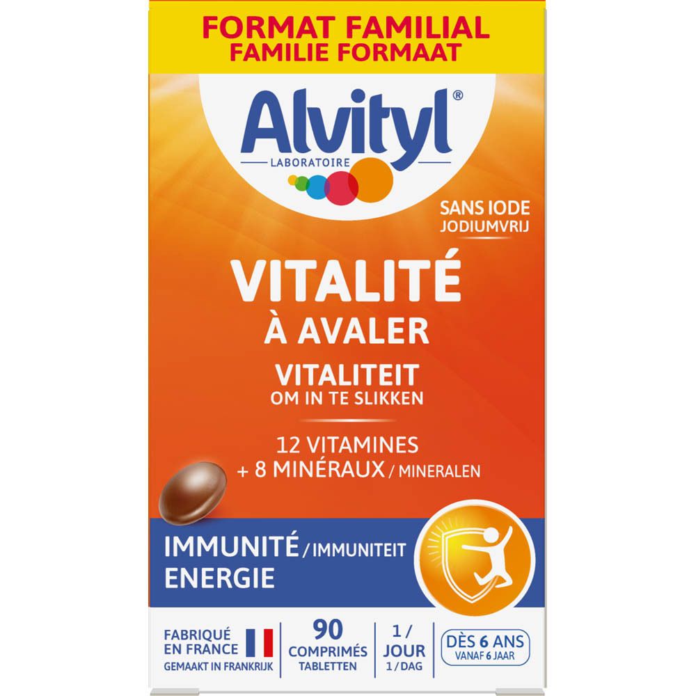 Boîte Alvityl Vitalité. Contient 12 vitamines et 8 minéraux. Pour enfants dès 6 ans.