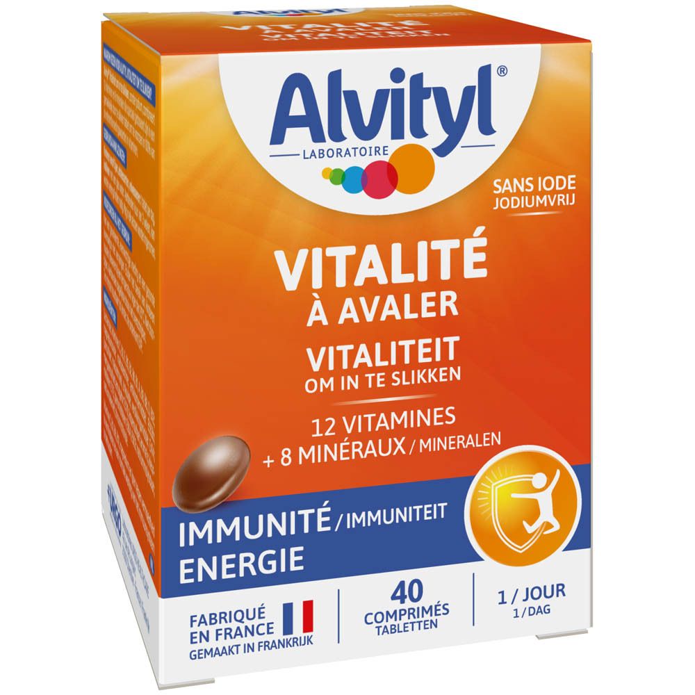 Alvityl Vitalität Schachtel. 12 Vitamine und 8 Mineralien. Immunschutz und Energie. Hergestellt in Frankreich.