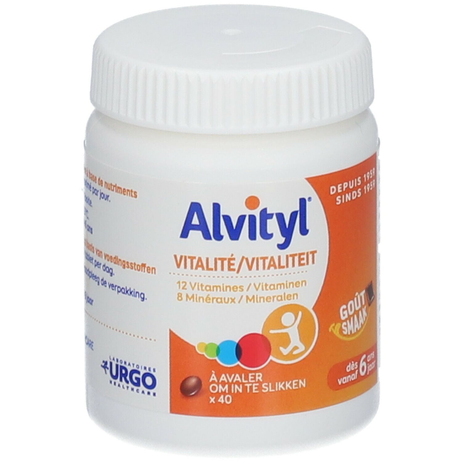 Weiße Flasche Alvityl Vitalität. Enthält 12 Vitamine und 8 Mineralien. Mit Schraubverschluss. Ab 6 Jahren.