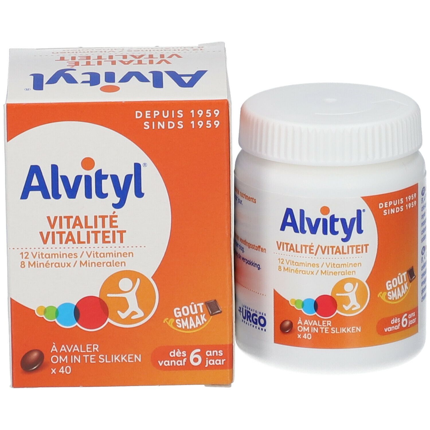 Alvityl Vitalität Flasche und Schachtel. Enthält 12 Vitamine und 8 Mineralien. Ab 6 Jahren.