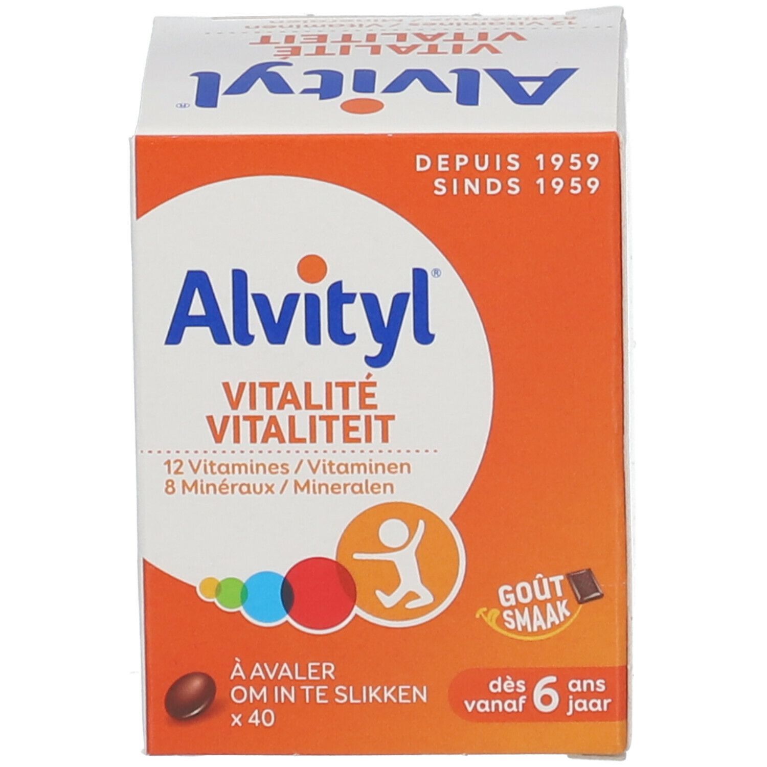 Alvityl Vitalität Schachtel. Enthält 12 Vitamine und 8 Mineralien. Ab 6 Jahren.