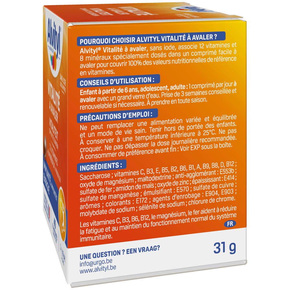 Rückseite der Alvityl Vitalität Schachtel. Informationen zu Inhaltsstoffen und Anwendung.