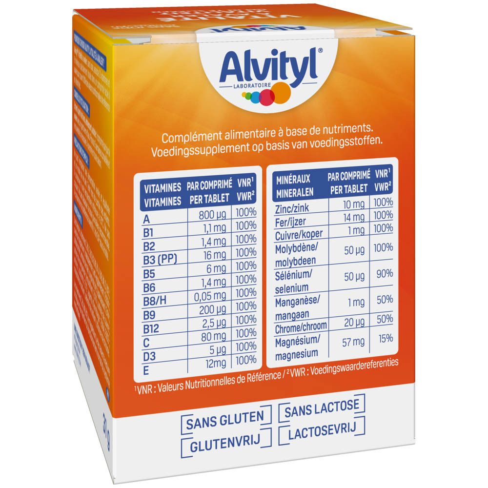 Rückseite der Alvityl Vitalität Schachtel. Nährwertangaben pro Tablette.