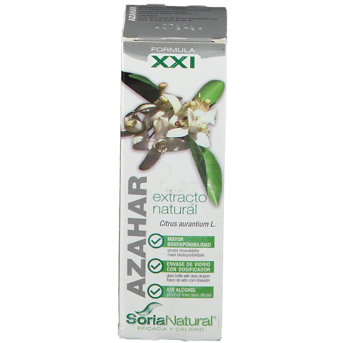 Boîte avec image et texte du produit. Inscription: AZAHAR. Image du produit avec fleurs et feuilles.