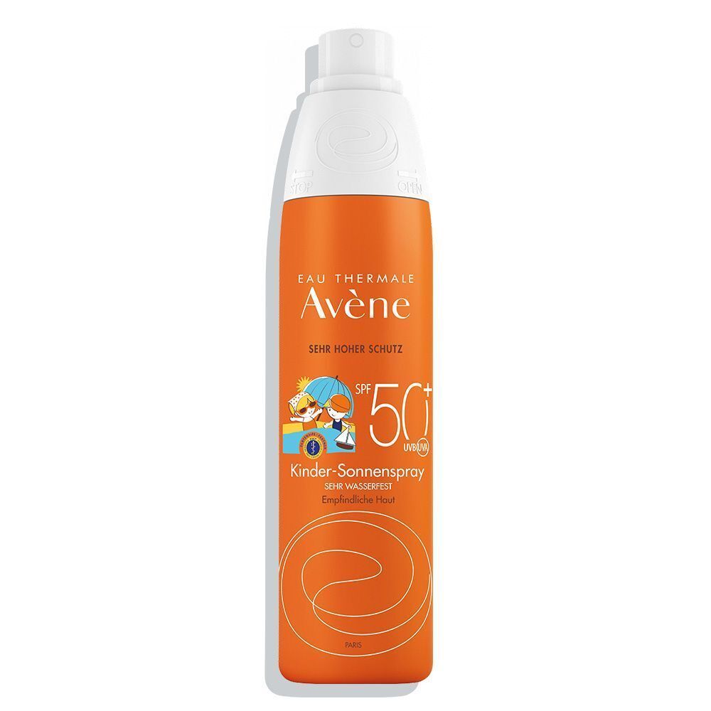 Flacon spray orange et blanc. Inscriptions: Eau Thermale Avène, Très haute protection, Spray solaire enfants, SPF 50+.