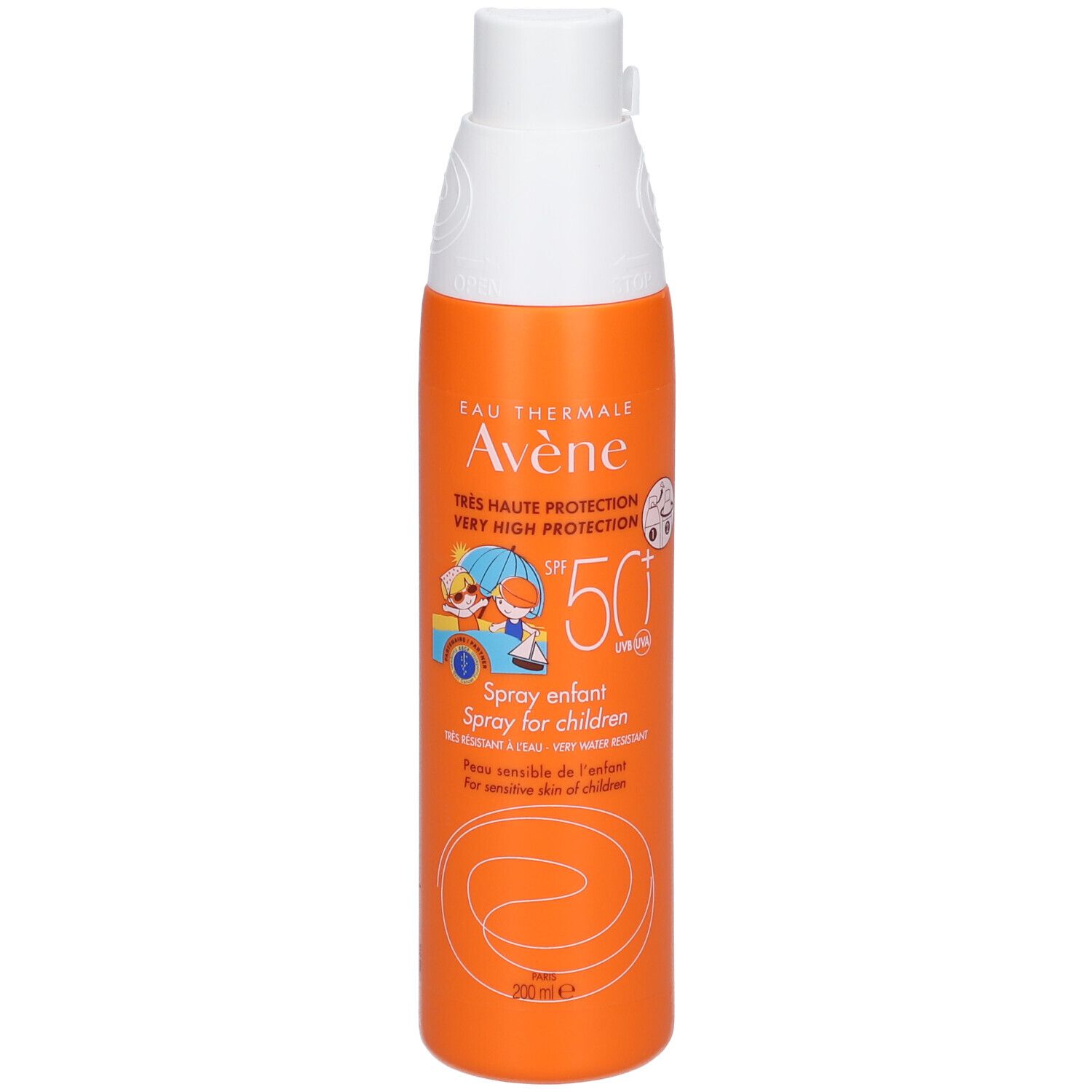 Flacon spray orange et blanc. Inscriptions: Eau Thermale Avène, SPF 50+, Spray enfant, pour enfants.