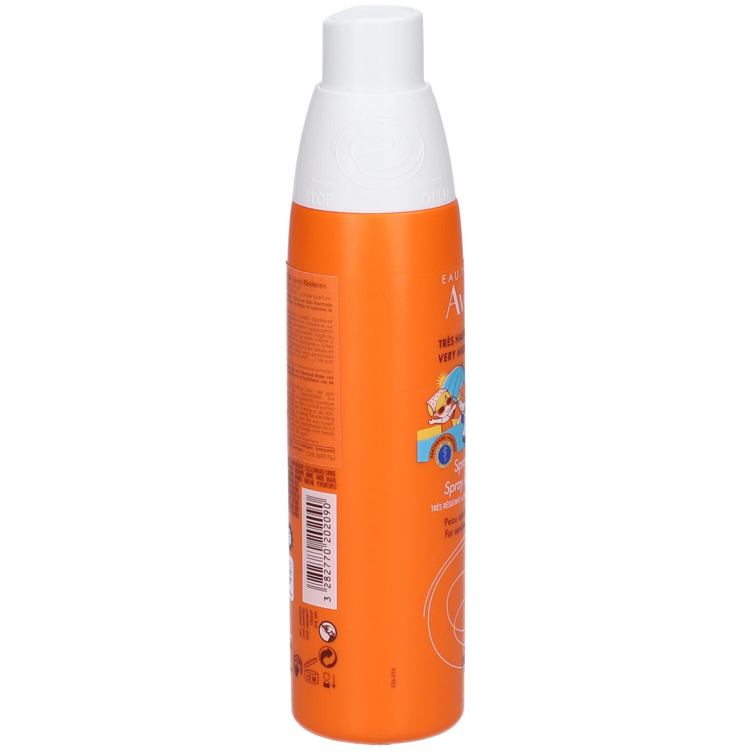Flacon spray orange, vue latérale. Inscriptions: Eau Thermale Avène, SPF 50+, Spray enfant, pour enfants. Texte.